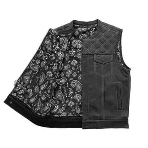Leather Biker Vest Men&#39;s Riding Club Black/White Motorcycle Vest Diamond Quilted- Hunt Club Biker Waistcoats - Men&#39;s Leather vest