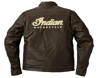 New men’s Indian Motorcycle Brown Distressed Cowhide Leather Biker Jacket Indian Motorcycle Leather Jacket Vintage Brown Biker Riding Jacket