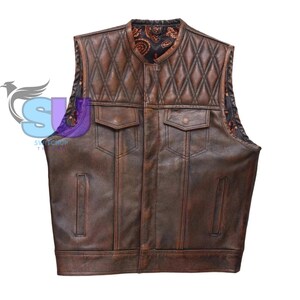 Brown Leather Biker Vest: Men&#39;s Denim Style Motorcycle Vest