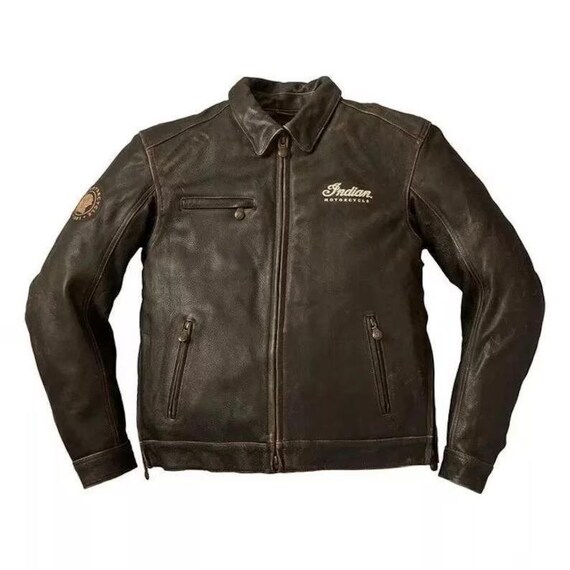 New Men's Indian Motorcycle Brown Distressed Cowhide Leather Biker