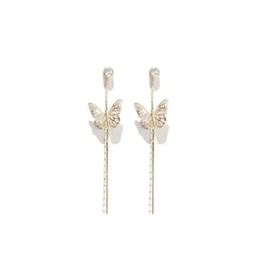 May include: A pair of gold-colored butterfly earrings. Each earring features a small, round, clear gem at the top, a butterfly pendant, and a long, dangling chain. The butterfly has a delicate, open-wing design.