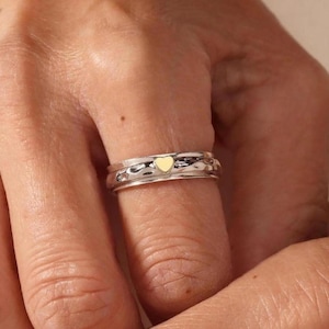 Bague coeur en or pour femme, anneau de méditation en argent martelé, bague fidget bicolore, cadeau bijoux anxiété anxiété pour elle minimaliste