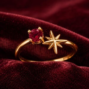 Ruby Rose Gold Ring, Celestial North Star Bypass Band, Minimalist Wedding Promise Ring, Dainty Stacking Jewelry, Romantic Gift for Her