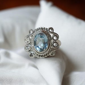 Vintage Style 925 Silver Ring – Oval Blue or Black CZ Gemstone – Handmade Scrollwork Ring for Women