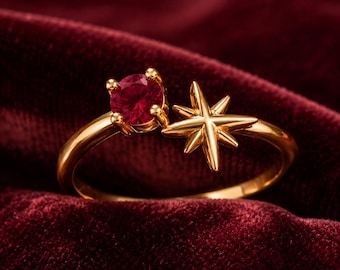 Ruby Rose Gold Ring, Celestial North Star Bypass Band, Minimalist Wedding Promise Ring, Dainty Stacking Jewelry, Romantic Gift for Her