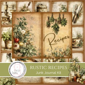 Rustic Recipe Junk Journal Kit, Vintage Food, Green Brown, Pink Cat Creations, Digital Download