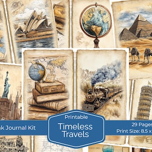 Kit de carnet de voyage Timeless Travels, pages de carnet de voyage et éphémères imprimables vintage, papier de scrapbooking numérique et étiquettes