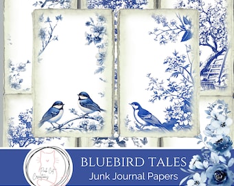 Bluebird Tales Junk Journal Pages, Vintage Floral Ephemera, Blue Toile, Pink Cat Creations, Digital Download