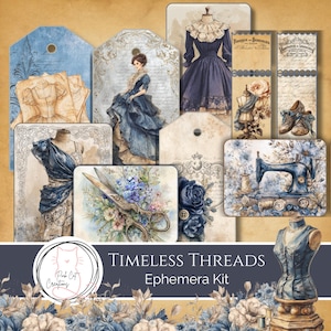 Puede incluir: Un conjunto de efímeras de estilo vintage con ilustraciones de vestidos, máquinas de coser, tijeras y arreglos florales en tonos azules, beige y crema. Se muestra el texto "Timeless Threads Ephemera Kit".