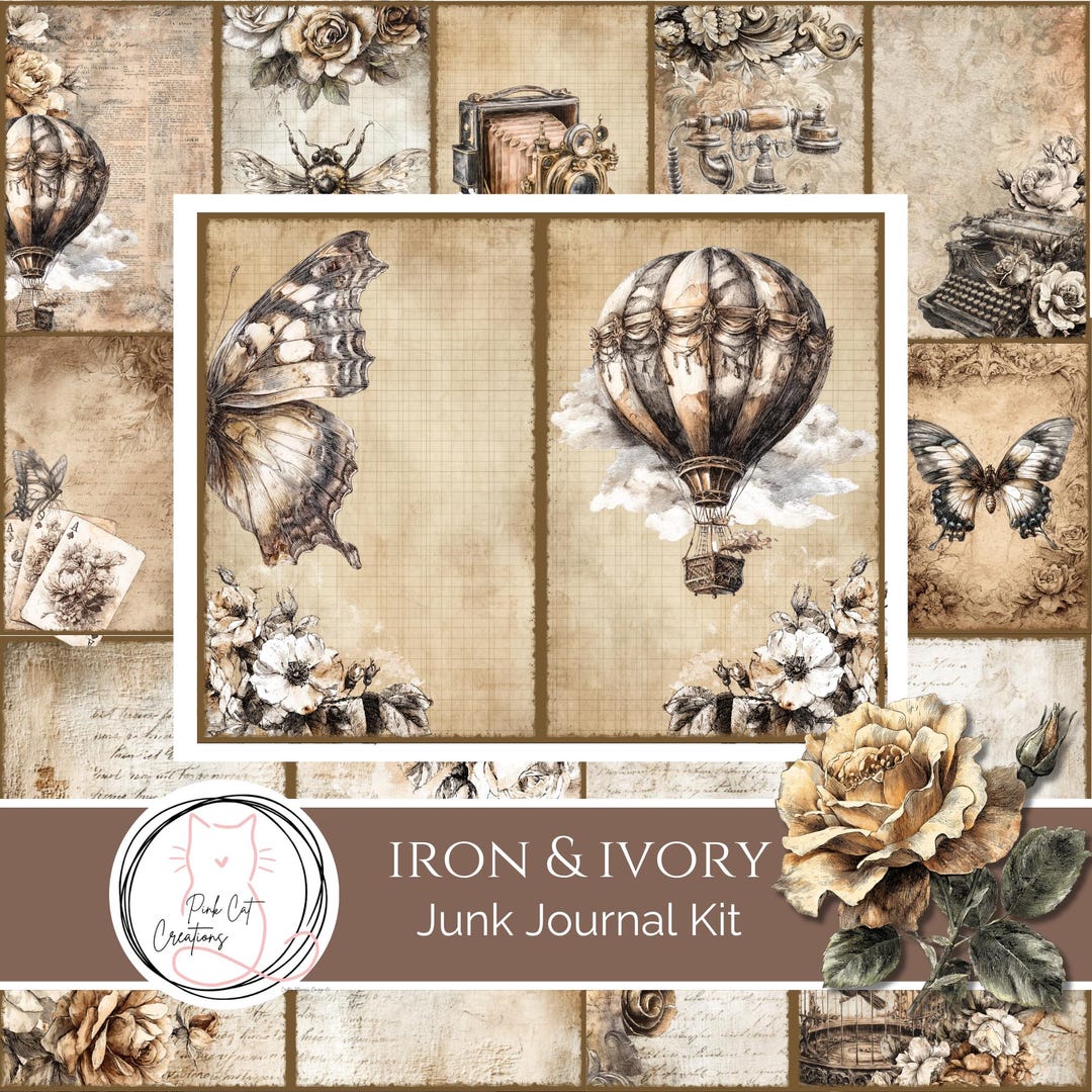 Iron & Ivory Junk Journal Kit, Vintage, Brown Black, Pink Cat Creations ...