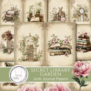 Strony i papiery z kolekcji Secret Garden Library, vintage, szałwiowo-zielony, różowo-beżowo-brązowy, Biblioteka, Ogród, Pink Cat Creations, do druku, cyfrowe pobieranie