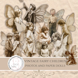 Pode incluir: Colagem em tons sépia com crianças fadas vintage com asas de borboleta. A imagem inclui várias crianças em roupas antigas, com o texto "Vintage Fairy Children Photos and Paper Dolls" na parte inferior, juntamente com um logotipo.