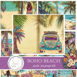 Boho Beach Junk Journal Kit, Papers & Ephemera, 70's Hippie Retro, purple green, Pink Cat Creations, Digital Download