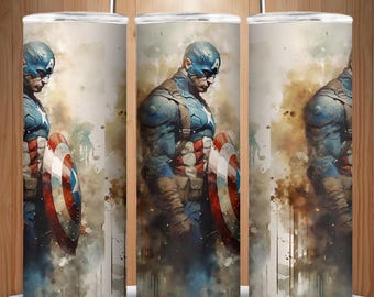 Patriotic Super Soldier Tumbler – 20oz Stainless Steel Hero Cup with Lid & Straw, Star Shield Design, Gift for Comic Fans