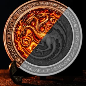 May include: A circular medallion featuring a House Targaryen dragon emblem. The left side displays a vibrant orange and red fire-themed color map, while the right side shows a grayscale depth map. Text includes 4K - 16BIT, Color Map + Depth Map, House Targaryen of the, Game of Thrones, House of the Dragon, and House Lannister.