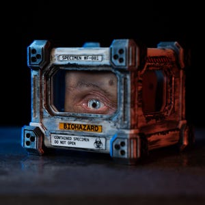 May include: A weathered metal container with a clear panel revealing a human eye. The container is labelled with "SPECIMEN #F-001" and a "BIOHAZARD" warning. The text "CONTAINED SPECIMEN DO NOT OPEN" is also present.