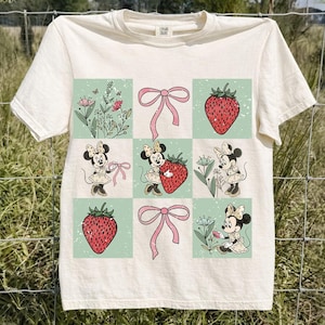 Disney Minnie Mouse PNG, Strawberry Bow Graphic, Retro Vintage Floral Artwork, Retro Girly Illustration, Cartoon Shirt Printable image 1
