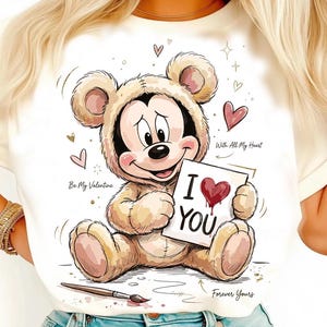 Könnte beinhalten: Weißes T-Shirt mit einer Cartoon-Figur von Mickey Mouse in einem Teddybär-Kostüm. Mickey hält eine Karte mit einem roten Herzen und den Worten "I Love You". Das Shirt hat Herzen und die Sätze "Be My Valentine" und "With All My Heart."