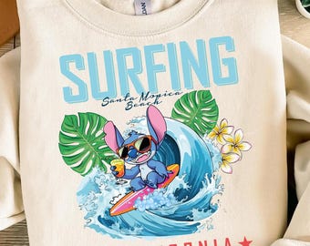 Surfing Stitch PNG: Summer Beach Clipart, Tropical Wave Design (Digital Download PNG Only)