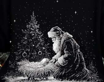 Natividad vintage de Papá Noel PNG, Niño Jesús en Nochebuena, Sublimación navideña cristiana, Ilustración retro grabada de Papá Noel, Arte religioso