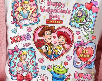 Arte de Disney de Toy Story para San Valentín con vibras de amor de Woody y Jessie, corazones románticos, lindo estilo de dibujos animados, regalo perfecto, arte de pared imprimible