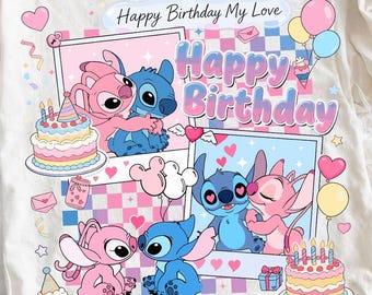Feliz cumpleaños PNG con pareja de Stitch y ángel, diseño de amor retro estilo Disney, perfecto para camisetas de cumpleaños, regalos, sublimación png