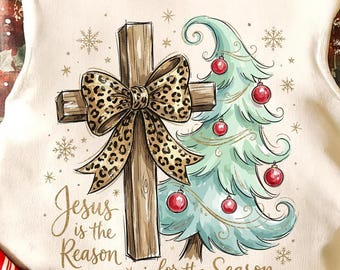 Leopard Christmas Cross PNG, Jesus Is the Reason Clipart, Christian Holiday Tree Art, Faith Sublimation, Religious Xmas PNG