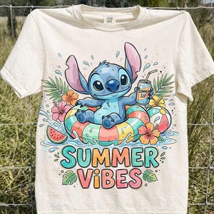 Disney Stitch Summer PNG, Lilo Cartoon Graphic, Retro Tropical Pool Artwork, Kawaii Vacation Illustration, Colorful Shirt Printable File