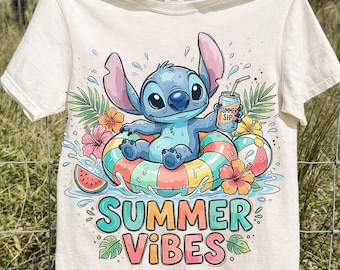 Disney Stitch Summer PNG, Lilo Cartoon Graphic, Retro Tropical Pool Artwork, Kawaii Vacation Illustration, Colorful Shirt Printable File