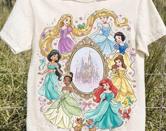 Disney Princess PNG, Cinderella Snow White Rapunzel Ariel Belle Tiana Jasmine, Princess Birthday Shirt Design, Fairytale Castle Clipart