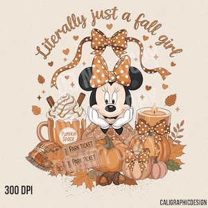 May include: A fall-themed illustration featuring Minnie Mouse with a polka-dot bow, surrounded by pumpkins, autumn leaves, and a coffee mug. Text reads "Literally just a fall girl" and "Pumpkin Space". Includes two park tickets and a lit candle.