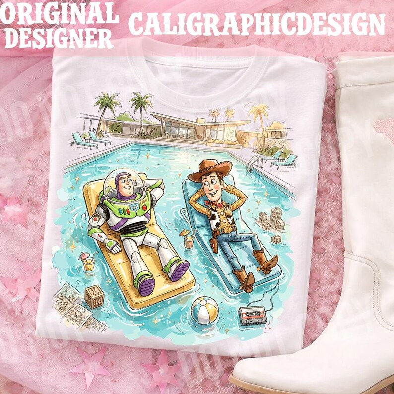 May include: White t-shirt featuring a colorful illustration of Buzz Lightyear and Woody relaxing in a pool. The image includes a pool, palm trees, and the text "ORIGINAL CALIGRAPHICDESIGNER".