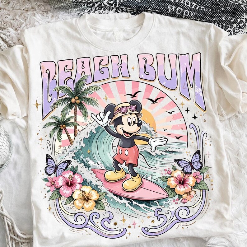 Disney Mickey Mouse Surf PNG, Beach Bum Graphic, Vintage Tropical Illustration, Retro Sunset Wave Artwork, Cartoon Shirt Printable File image 2