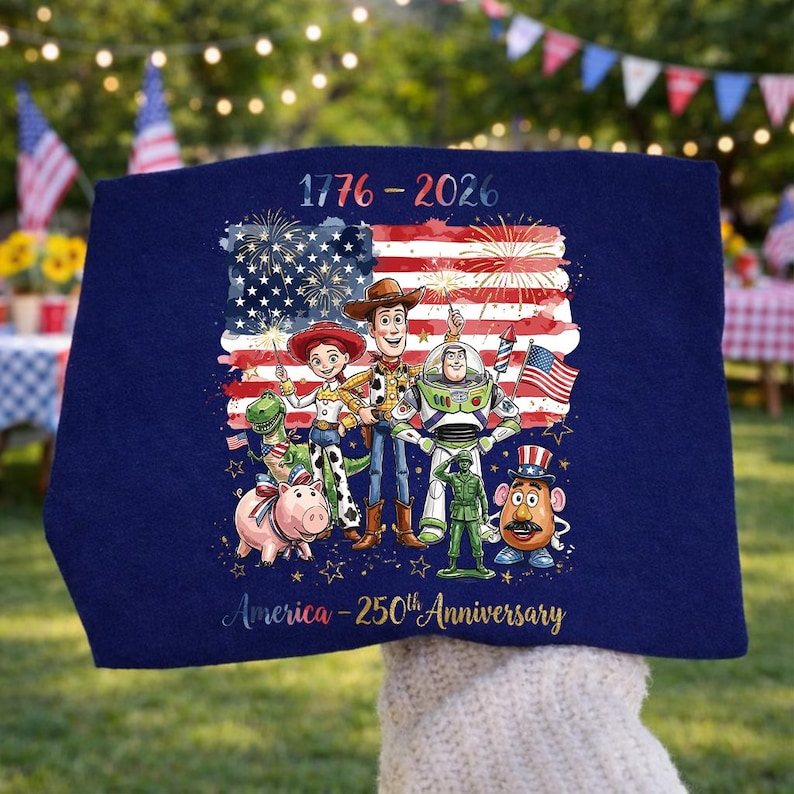 K&ouml;nnte beinhalten: Ein marineblaues Textil mit einer Grafik der amerikanischen Flagge, Feuerwerk und Zeichentrickfiguren. Der Text "1776-2026" und "America - 250th Anniversary" sind ebenfalls abgebildet.