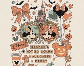 Könnte beinhalten: Vintage-Illustration für Mickeys Nicht so gruselige Halloween-Party. Mit Mickey und Minnie Mouse in herzförmigen Rahmen, Kürbissen, Fledermäusen, Süßigkeiten und einem Schloss. Enthält den Text "Mickey's Not So Scary Halloween Party" und ein "Disney"-Ticket.