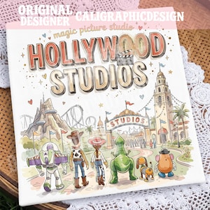 May include: A square art print featuring the text HOLLYWOOD STUDIOS and magic picture studio. The illustration depicts cartoon characters including a space ranger, a cowboy, a cowgirl, a green dinosaur, a dog, and a potato figure in a park.