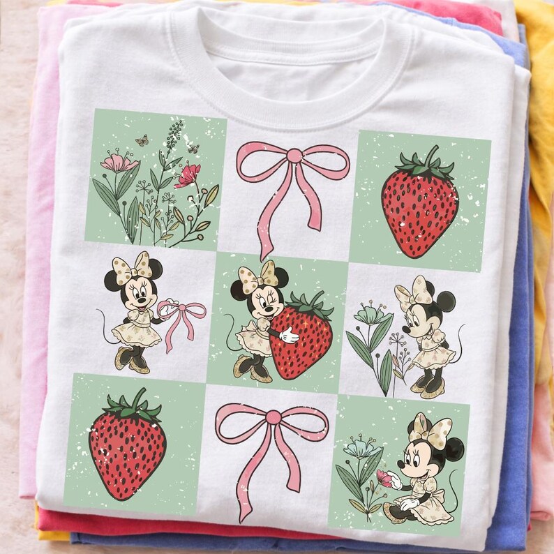Disney Minnie Mouse PNG, Strawberry Bow Graphic, Retro Vintage Floral Artwork, Retro Girly Illustration, Cartoon Shirt Printable image 8