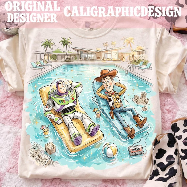 May include: Cream-colored t-shirt featuring a cartoon illustration of Buzz Lightyear and Woody relaxing by a pool. The image includes a pool, palm trees, and the text "ORIGINAL DESIGNER CALIGRAPHICDESIGN".