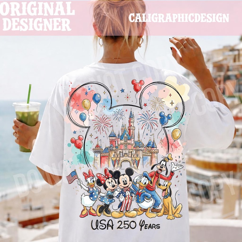 USA 250 Years PNG, Patriotic Celebration Clipart, Fireworks Castle Illustration, Cartoon Friends America Theme, Independence Day Digital png image 1