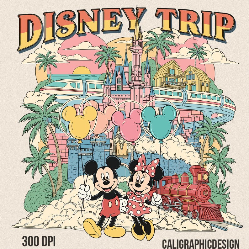 May include: A vintage-style illustration with the words "DISNEY TRIP" at the top. Mickey and Minnie Mouse stand in front of a castle, holding Mickey Mouse-shaped balloons. A train and palm trees are also featured. The text "300 DPI" and "CALIGRAPHICDESIGN" are at the bottom.