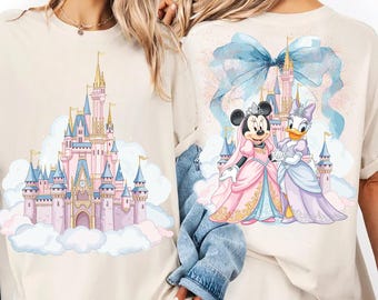 Princess Minnie and Daisy Castle Clipart, Pastel Coquette Bow Design (PNG)