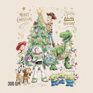 May include: A festive illustration featuring characters from Toy Story decorating a Christmas tree. Woody places a star on top, while Buzz Lightyear holds a star ornament. Rex is wrapped in lights, and the text reads "Merry Christmas" and "Toy Story Holiday."