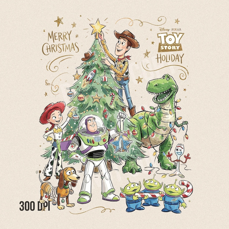 May include: A festive illustration featuring characters from Toy Story decorating a Christmas tree. Woody places a star on top, while Buzz Lightyear holds a star ornament. Rex is wrapped in lights, and the text reads "Merry Christmas" and "Toy Story Holiday."