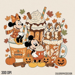 May include: A fall-themed illustration featuring Mickey and Minnie Mouse, Chip and Dale, and pumpkin spice lattes. The image includes pumpkins, fall leaves, and cinnamon sticks, with the text "Pumpkin" on a coffee cup.