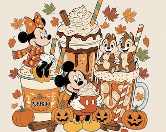 May include: A fall-themed illustration featuring Mickey and Minnie Mouse, Chip and Dale, and pumpkin spice lattes. The image includes pumpkins, fall leaves, and cinnamon sticks, with the text "Pumpkin" on a coffee cup.