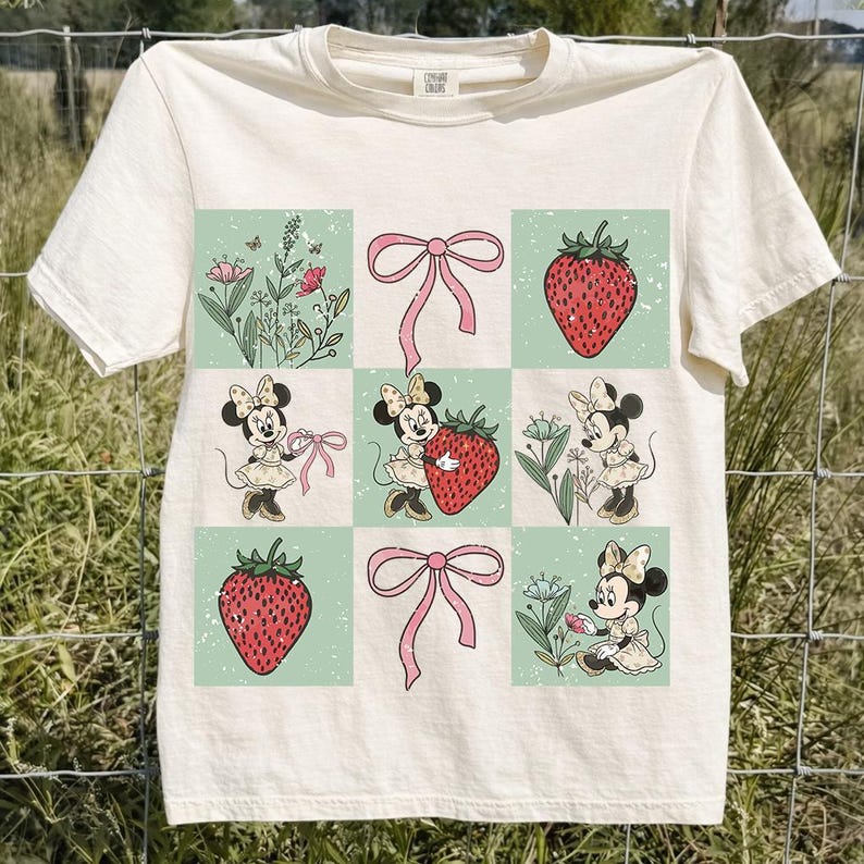 Disney Minnie Mouse PNG, Strawberry Bow Graphic, Retro Vintage Floral Artwork, Retro Girly Illustration, Cartoon Shirt Printable image 1