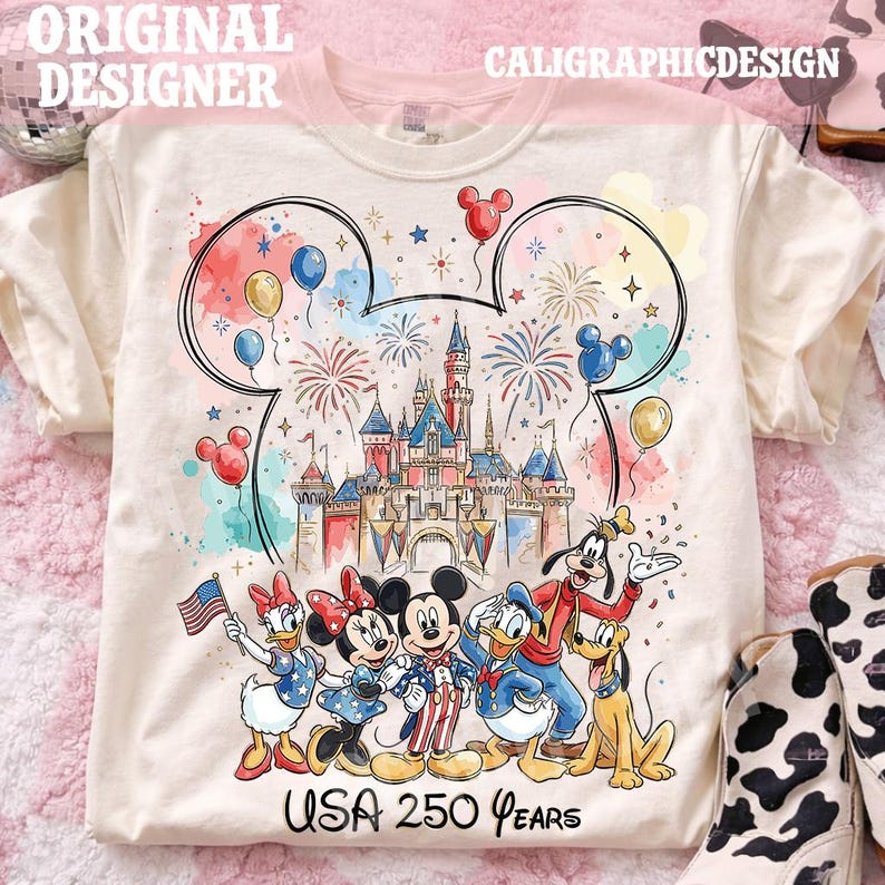 May include: Cream-colored t-shirt featuring a colorful graphic of Disney characters in front of a castle, fireworks, and balloons. The text "USA 250 Years" is printed at the bottom. The words "ORIGINAL DESIGNER" and "CALIGRAPHICDESIGN" are printed at the top.