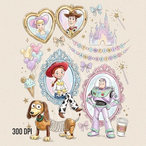 Może przedstawiać: Kapryśna ilustracja z postaciami z Toy Story. Zawiera portrety Bo Peep i Woody'ego w medalionach w kształcie serca, Jessie, Buzz Lightyear, Slinky Dog, zamek, balony i frazę "TO INFINITY AND BEYOND."