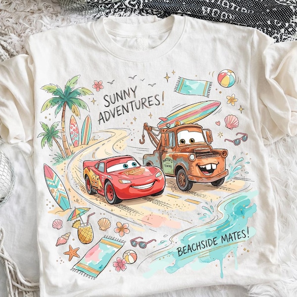Disney Cars Lightning McQueen Mater PNG, Beachside Adventure Graphic, Sunny Vacation Artwork, Cartoon Road Trip Illustration, Kids Shirt