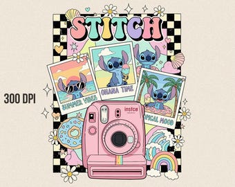 Stitch Wall Art Print, Retro Pastel Cartoon Illustration, Kawaii Stitch Room Decor, Disney Inspired Poster, Cute Aesthetic Wall Decor Gift